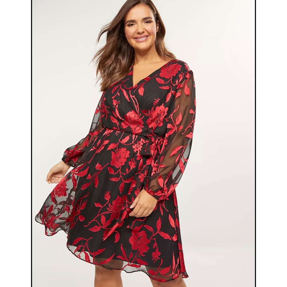 Lane‎ Bryant Burnout Velvet Floral Sheer Wrap Dress Women's 14 Whimsigoth V-Neck